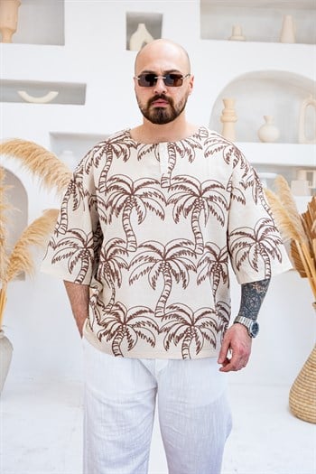 Palmiye Nakışlı Keten Kumaş Oversize Yarım Patlı T-Shirt (TSK82)