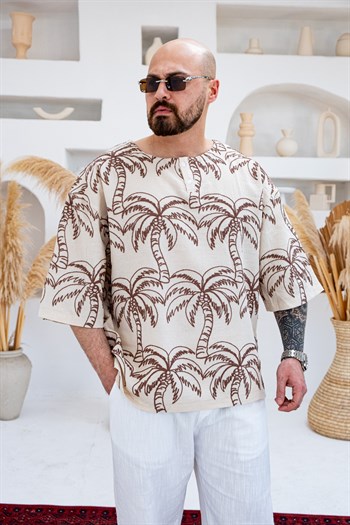 Palmiye Nakışlı Keten Kumaş Oversize Yarım Patlı T-Shirt (TSK82)