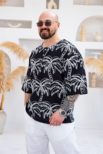 Palmiye Nakışlı Keten Kumaş Oversize Yarım Patlı T-Shirt (TSS82)