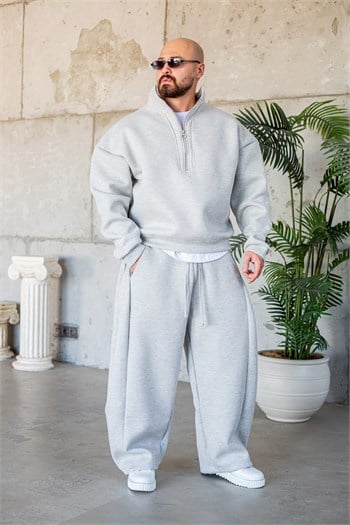 Panda Kumaş Yarım Fermuarlı Baggy Kalıp Alt Üst Eşofman Takımı (TKMG66)