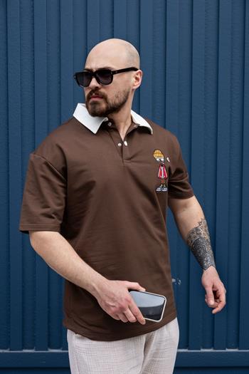 Polo Yaka Nakış Detaylı Rahat Kalıp T-Shirt (TSK13)