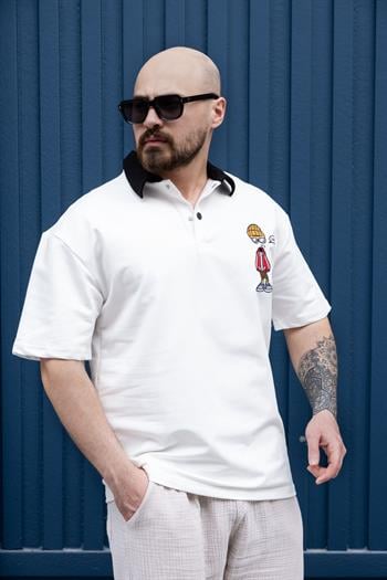 Polo Yaka Nakış Detaylı Rahat Kalıp T-Shirt (TSB13)
