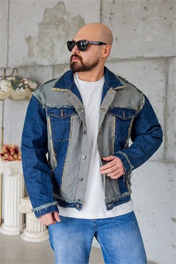 Püskül Detaylı Patchwork Oversize Erkek Kot Ceket (MEVG103)