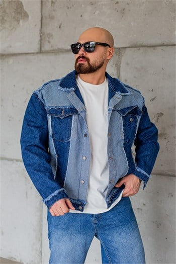 Püskül Detaylı Patchwork Oversize Erkek Kot Ceket (MEVM103)