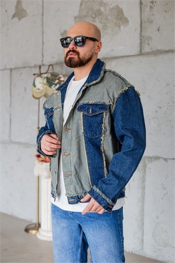 Püskül Detaylı Patchwork Oversize Erkek Kot Ceket (MEVG103)