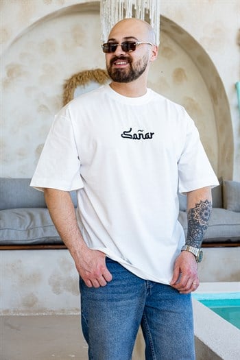 Sañar Etnik Nakışlı ve Dantel Yamalı Oversize T-Shirt (TSB81)