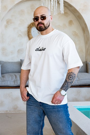 Sañar Etnik Nakışlı ve Dantel Yamalı Oversize T-Shirt (TSB81)
