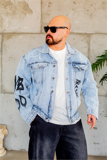 Sırt Baskılı Sokak Stili Açık Mavi Jean Ceket (MEV96)