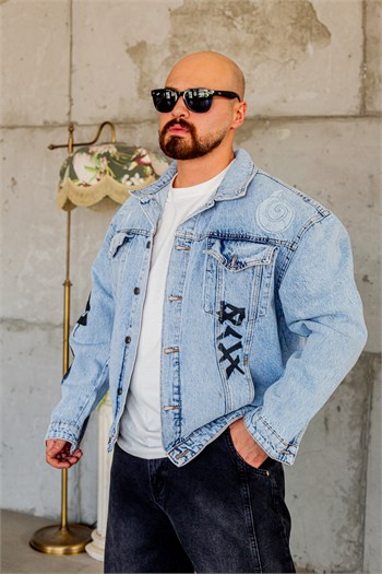 Sırt Baskılı Sokak Stili Açık Mavi Jean Ceket (MEV96)