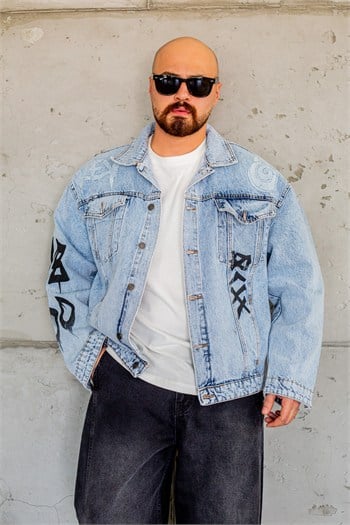 Sırt Baskılı Sokak Stili Açık Mavi Jean Ceket (MEV96)