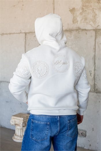 Sırt ve Kol Kabartma Nakış Detaylı Kapüşonlu Kanguru Cepli Sweatshirt (SVTB105)