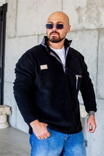 Siyah Dik Yaka Çıtçıtlı Erkek Polar Sweatshirt (SVTS100)