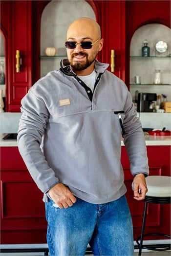 Siyah Dik Yaka Çıtçıtlı Erkek Polar Sweatshirt (SVTG100)
