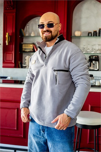 Siyah Dik Yaka Çıtçıtlı Erkek Polar Sweatshirt (SVTG100)