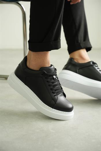 Siyah Kalın Taban Deri Erkek Sneaker (AYKS05)