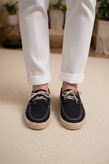 Siyah Keten Espadril Taban Bağcıklı Erkek Ayakkabı (AYKS01)