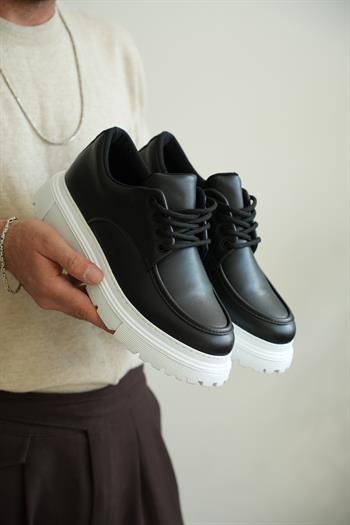 Siyah Premium Deri Kalın Beyaz Taban Erkek Sneaker (AYKSB03)