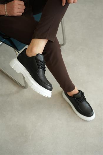 Siyah Premium Deri Kalın Beyaz Taban Erkek Sneaker (AYKSB03)