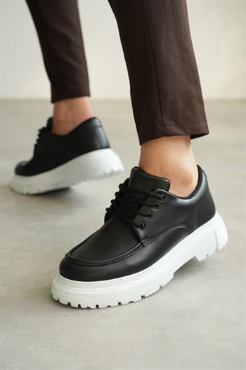Siyah Premium Deri Kalın Beyaz Taban Erkek Sneaker (AYKSB03)