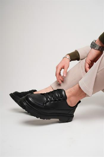 Siyah Premium Deri Kalın Taban Erkek Sneaker (AYKS03)