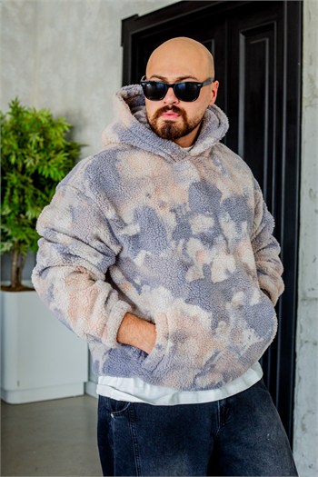 Soyut Desenli Peluş Kapüşonlu Erkek Sweatshirt (SVTK115)