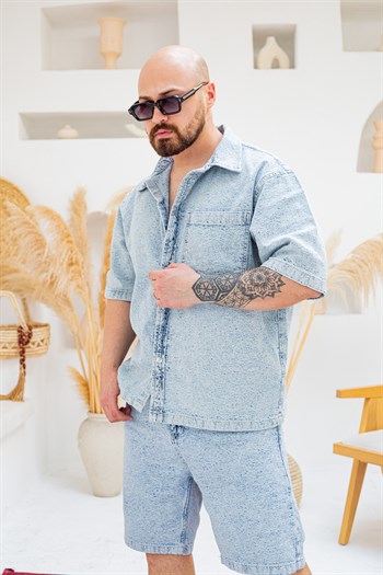 Tasarım Denim Gömlek ve Şort Alt Üst Takım (TK50)