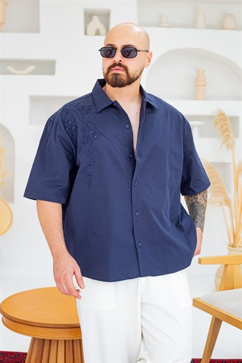 Tek Omuz Çiçek Nakış Detaylı Oversize Gömlek (GML142)