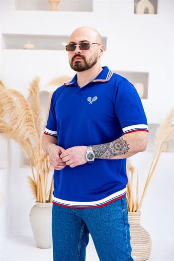 Tenis Raketi Nakışlı Retro Çizgili Polo Yaka T-Shirt (TSM83)