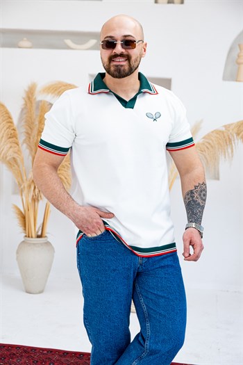 Tenis Raketi Nakışlı Retro Çizgili Polo Yaka T-Shirt (TSB83)