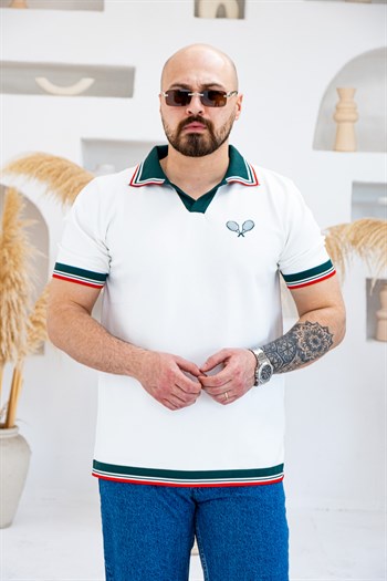 Tenis Raketi Nakışlı Retro Çizgili Polo Yaka T-Shirt (TSB83)