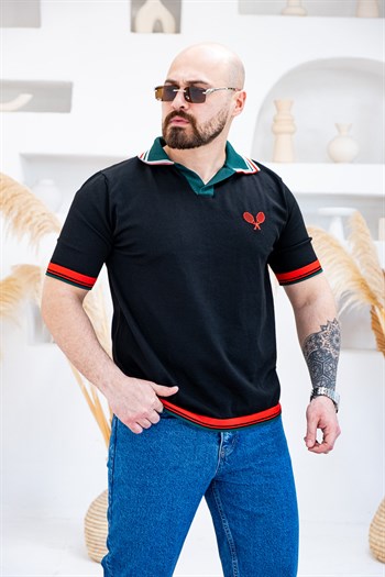 Tenis Raketi Nakışlı Retro Çizgili Polo Yaka T-Shirt (TSS83)