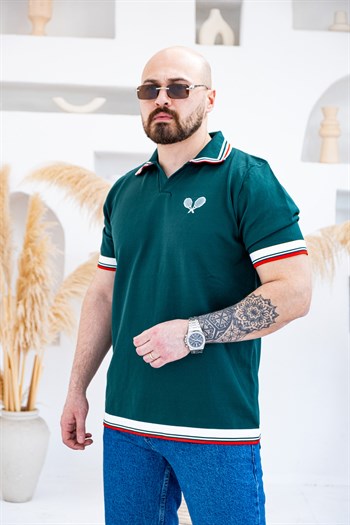 Tenis Raketi Nakışlı Retro Çizgili Polo Yaka T-Shirt (TSY83)