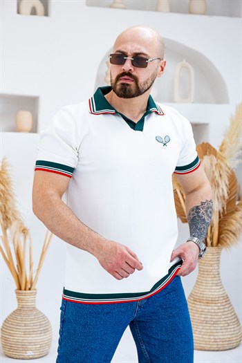 Tenis Raketi Nakışlı Retro Çizgili Polo Yaka T-Shirt (TSB83)