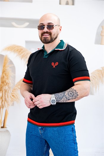 Tenis Raketi Nakışlı Retro Çizgili Polo Yaka T-Shirt (TSS83)