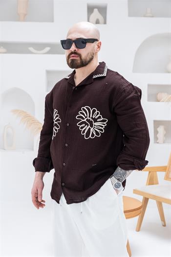 Yaka Ve Çiçek Nakışlı Rahat Kalıp Gömlek (GMKA90)
