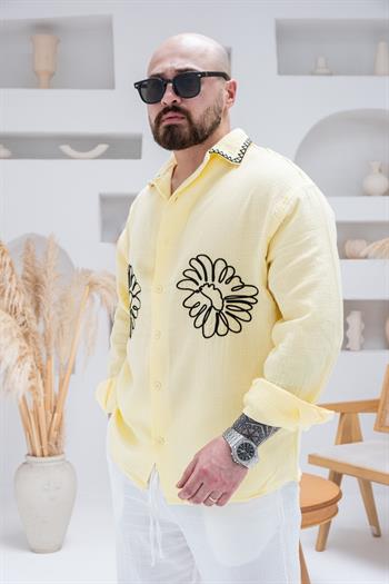 Yaka Ve Çiçek Nakışlı Rahat Kalıp Gömlek (GMSA90)