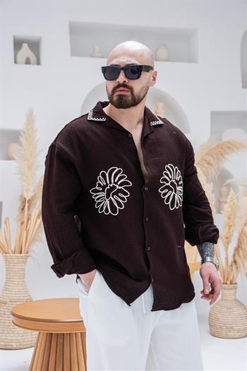 Yaka Ve Çiçek Nakışlı Rahat Kalıp Gömlek (GMKA90)