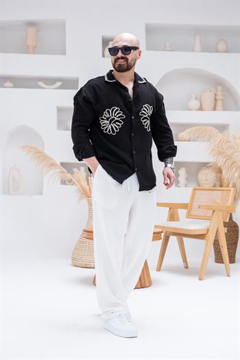 Yaka Ve Çiçek Nakışlı Rahat Kalıp Gömlek (GMS90)