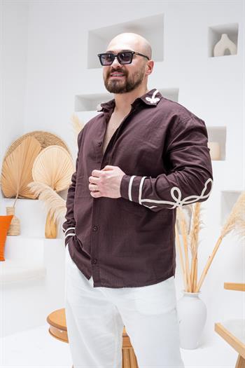 Yaka Ve Kolları Nakışlı Keten Rahat Kalıp Gömlek (GMKA96)