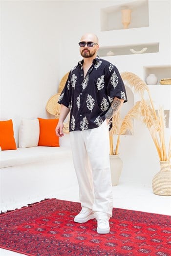 Yaprak Nakış Detaylı Keten Oversize Gömlek (GMS130)