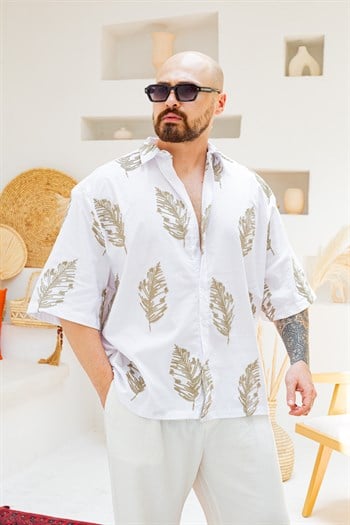 Yaprak Nakış Detaylı Keten Oversize Gömlek (GMB130)