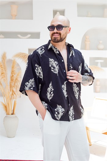 Yaprak Nakış Detaylı Keten Oversize Gömlek (GMS130)
