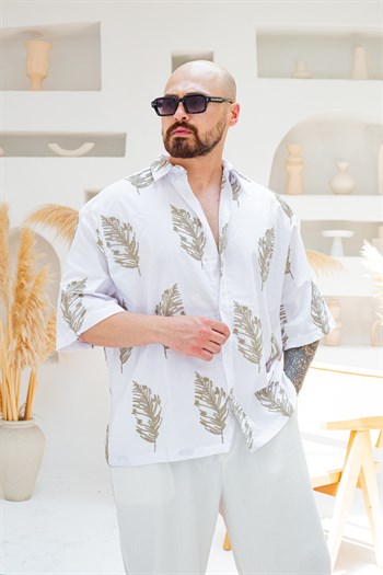 Yaprak Nakış Detaylı Keten Oversize Gömlek (GMB130)