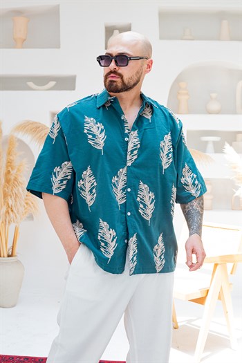Yaprak Nakış Detaylı Keten Oversize Gömlek (GMY130)