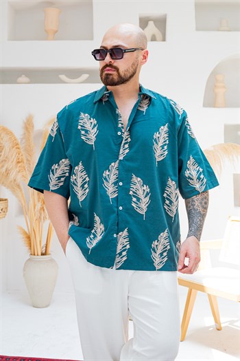 Yaprak Nakış Detaylı Keten Oversize Gömlek (GMY130)