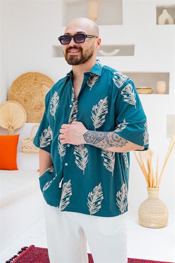 Yaprak Nakış Detaylı Keten Oversize Gömlek (GMY130)