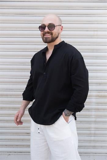 Yarım Düğmeli Rahat Kalıp Keten Gömlek (GMS12)