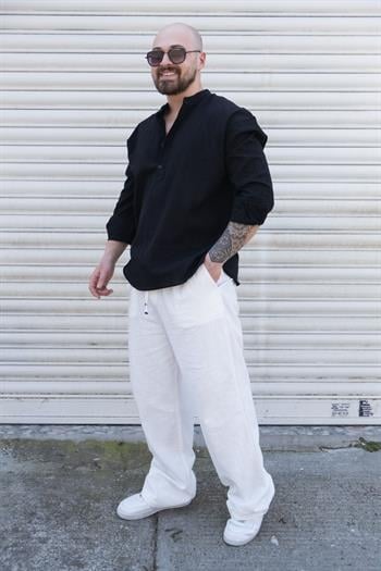 Yarım Düğmeli Rahat Kalıp Keten Gömlek (GMS12)