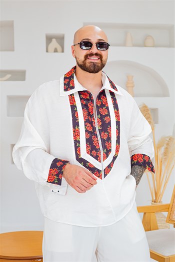 Yarım Fermuarlı Çiçek Desen Garnili Oversize Gömlek (GMB141)