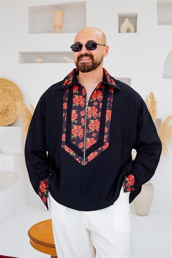 Yarım Fermuarlı Çiçek Desen Garnili Oversize Gömlek (GMS141)